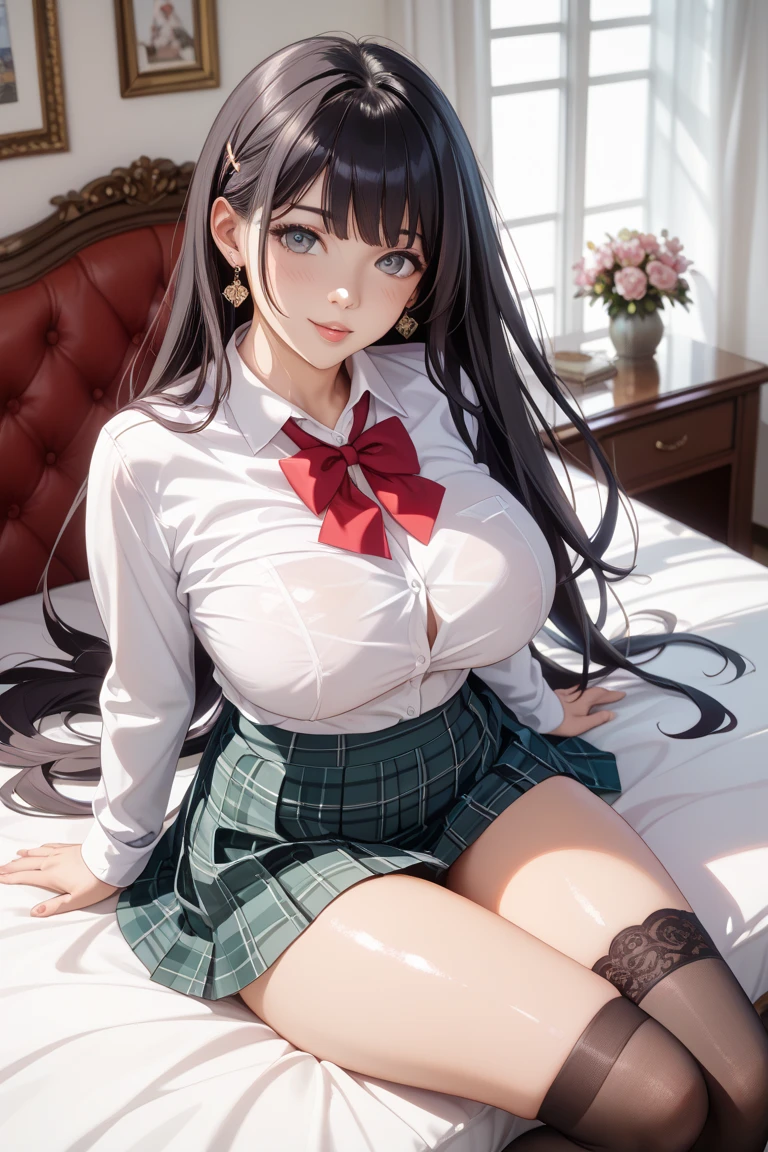 masterpiece, best quality,Extreme Detail, Super detailed,
beautiful eyes, beautiful hair, Beautiful side, beautiful skin,dutch angle, black hair, red eyes, Long Hair V Big Breasts, school uniform, open clothes, Spread your legs towards the viewer, , lie, pov bed, blush, gentle