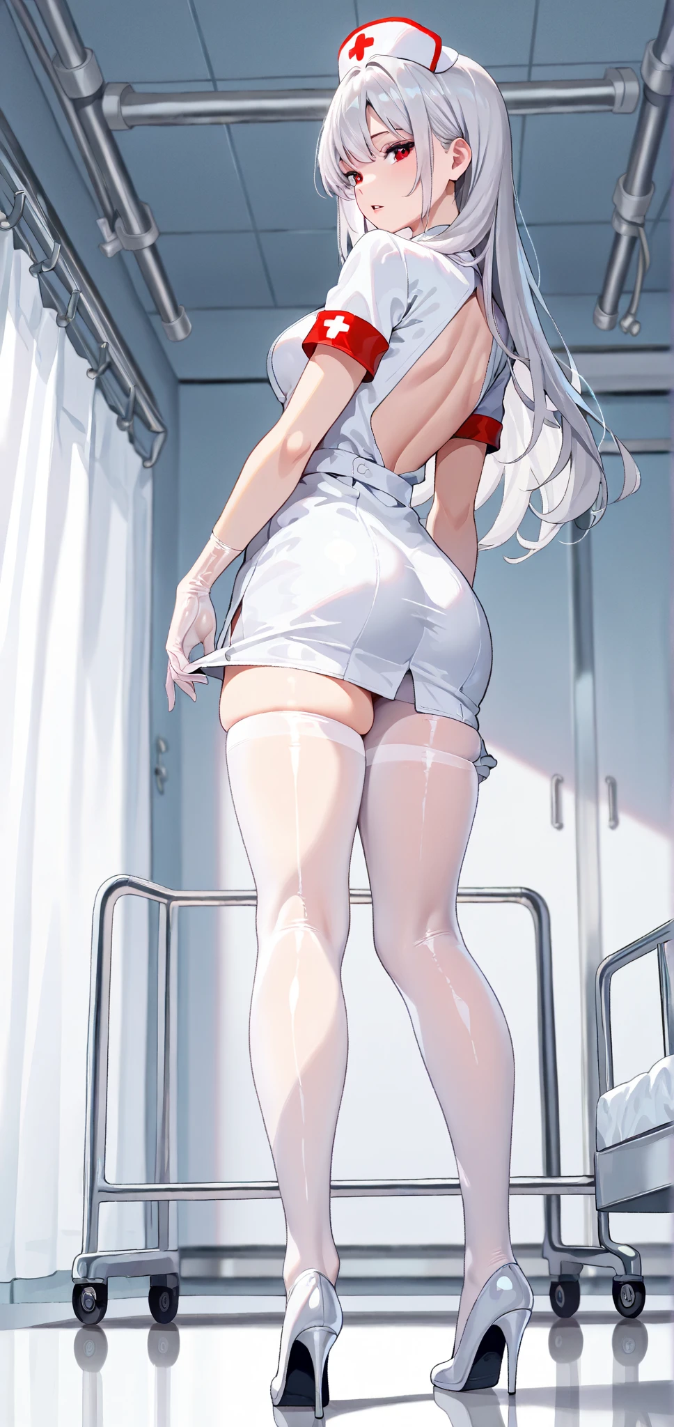 (masterpiece, best quality:1.2), 1 woman, alone,standing_divided, 
long hair, white sleeveless tank top，Latex miniskirt, pussy, anal, Ahegao, (((large erect nipples))), (((Very slender waist))), (short height), ((()))