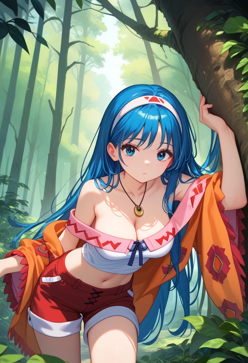 "(masterpiece:1.1), best quality, 
1girl, (80s anime style:1.3), (eyelashes:1.5), (loli:1.2), 
(intricate high detailed body:1.2), 
blue hair, forehead, (parted bangs, hairclip:1.1), (long hair:1.1), (holy hat:1.2), 
red eyes, (red lip stick:1.3), 
(pale skin:1.3), (gigantic breasts:1.1), 
(grin:1.2), (blush:1.2), 
(tattoo:1.2), (shiny skin, wet hair, get wet:1,1), (thong panties, topless, nipple, big areola:1.1), (pubic hair:1.3), 
(earrings:1.1), collar, 
standing, arms behind back, 
(upper body, cowboy shot, looking at viewer, from front:1.1),
(daytime, woods, waterside, outdoors:1.2)"