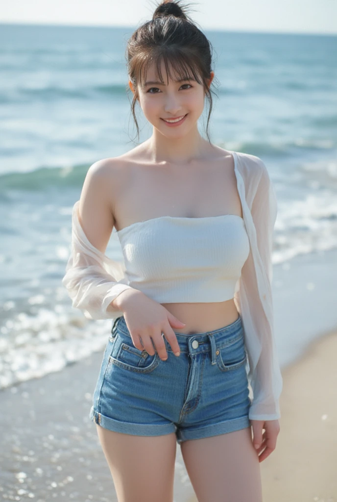 (Captured by a professional photographer), high quality, Realistic, Best image quality:1.3, (RAW Photos), Amateur models, (Accurate skeleton), (Attention to detail), 30 years old, Japanese women,(Beach), (White blouse:1.2, hot pants:1.2),Off the shoulder, barefoot, Looking at the camera:1.1, look at the person you like, Gentle expression, Thighs are visible, Warm sunshine,(Detailed eyes), smile:0.2, Cleavage:0.2, Medium chest,