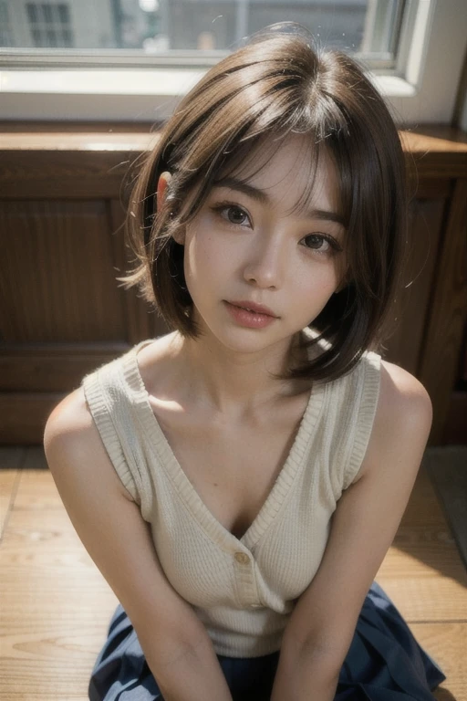 (((1girl)))((best qualtiy, 8K, tmasterpiece:1.3)),((Sharp:1.2, perfect figure beautiful woman:1.4, Slim abs:1.2)), ((Layered Hair Style, huge tit:1.3)),((Highly detailed facial and skin texture,A detailed eye,Black eye,double eyelid, droopy eyes)),(japan girl:1.5)(Brown Hair,Bob Cut)(V-neck sweater:1.8),(japan girl room:1.3)(from below:1.3)