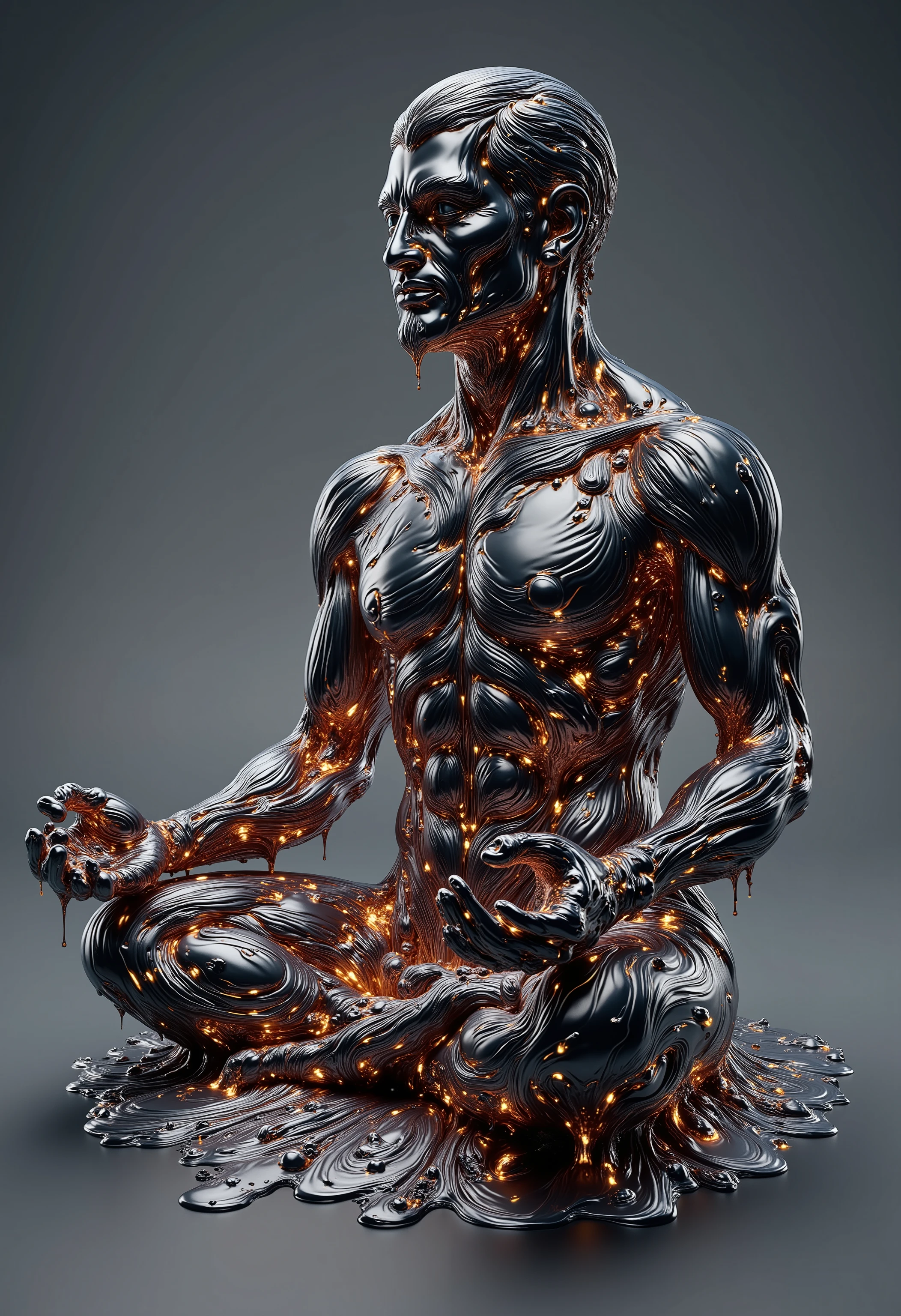 [a man meditating in lotus position] floating one inch above a pool of liquid metal, Very shiny, Smooth surface texture, polished surface, reflective, Front 45 degree angle, Inlay ral-chrome, PhotoPractical, HyperPractical, Ultra Detailed, Analog style, Delicate skin, matte skin, soft light, Subsurface scattering, Practical, Heavy shadows, masterpiece, best quality, ultra Practical, 8K, Golden Ratio, Wheels within wheels, High Detail, Film Photography, Soft Focus