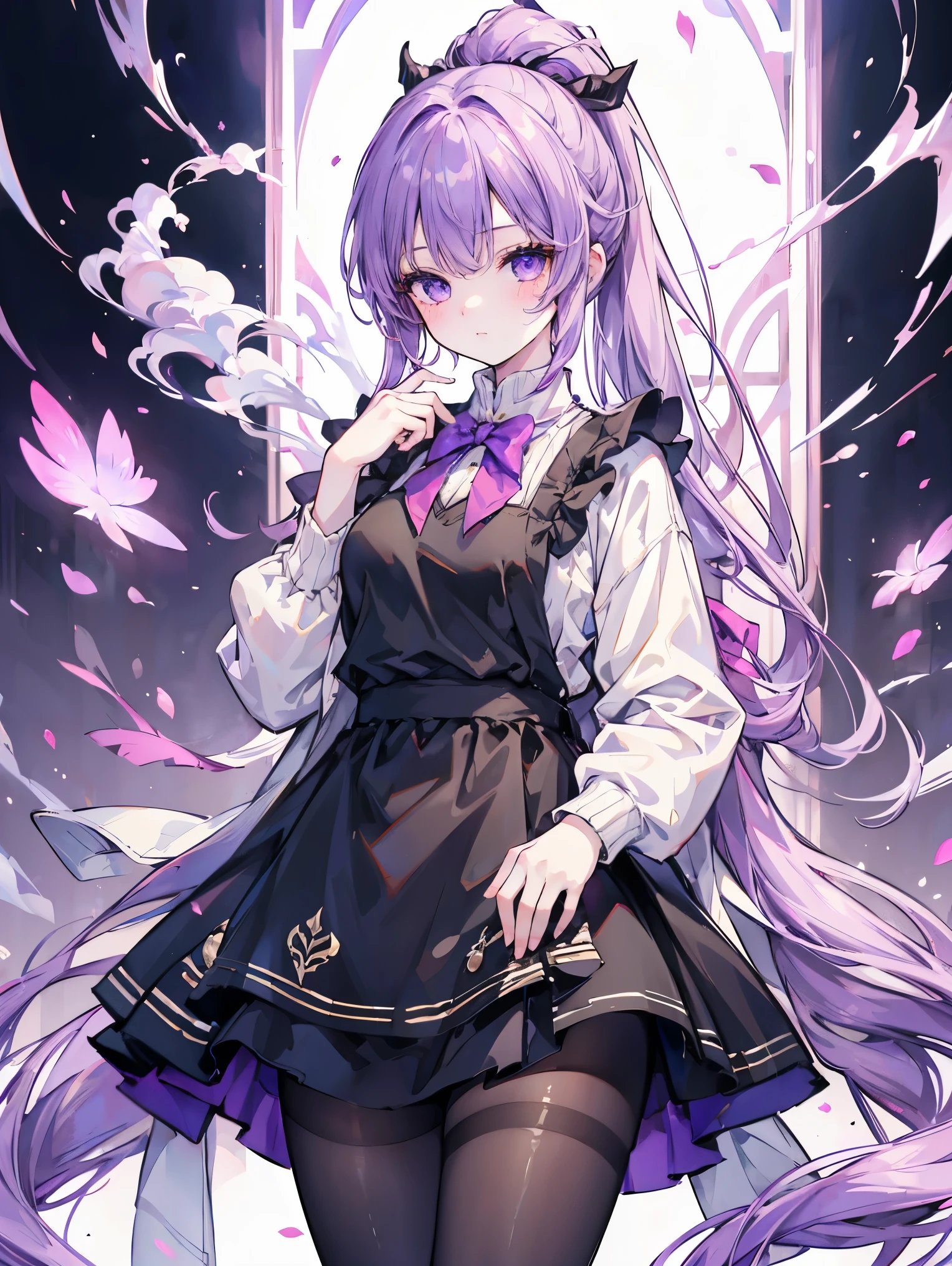 ( masterpiece, Top Quality, Best Quality, official art, Beautiful and Aesthetic:1.2),( 8,000, Best Quality, masterpiece:1.2), ((( masterpiece))),(((Best Quality))),((( extremely detailed))),illustration, who, ( masterpiece, Top Quality, Best Quality, official art, Beautiful and Aesthetic:1.2),( 8,000, Best Quality, masterpiece:1.2), masterpiece, Best Quality, illustration, high resolution, super detailed, 1 girl, General Thunderbolt \( Genshin\), 1 girl, alone, pantyhose, long hair, apron, Winter Smoke, blush, watching the audience, sweater, purple eyes, Ponytail, high-necked sweater, behind the hands , PURPLE HAIR, Shut up, long sleeve, white sweater, high-necked sweater sweater, Thigh socks, Black Stockings, skirt, cowboy shooting, brown pantyhose , interior, very long hair, White hair, Hair Intake, apron