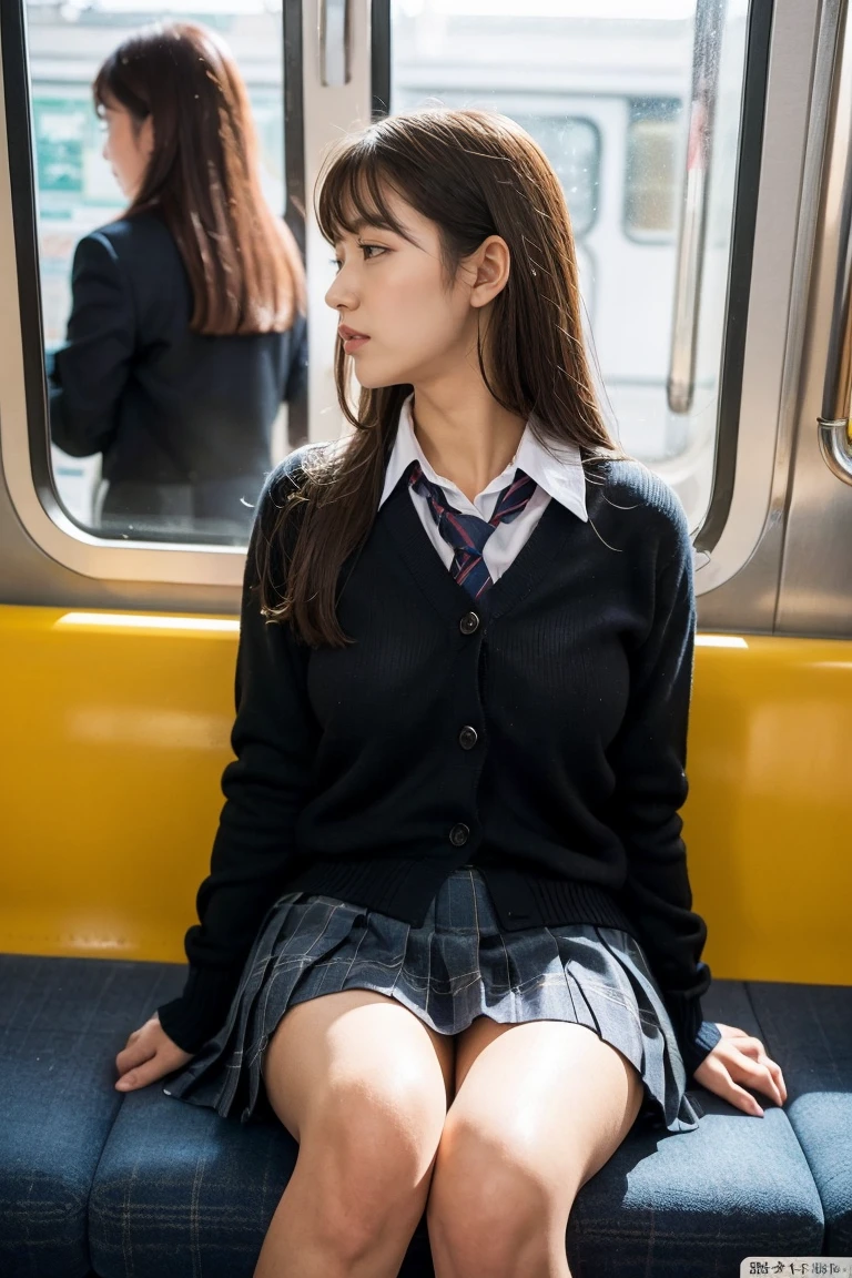 masterpiece, High resolution, Ultra High resolution, 4K, Black Hair, Japanese Girls, Uniform skirt, Accentuate your thighs, White thighs, Soft thighs, Shiny thighs, Sitting on a train, Facing angle, Angle from below, Sitting on a train Seat, Sit in front, Zoom camera to hip joint, Put your feet on the train floor, whole body, Looking down and sleepy, Only watching the audience, Highest quality, Ultra High resolution, Realistic, High resolution, detailed, RAW Photos, sharp, Nikon Film Stock Photos, Rich lens color, Ultra-realistic and realistic texture, Dramatic lighting, Unreal Engine,