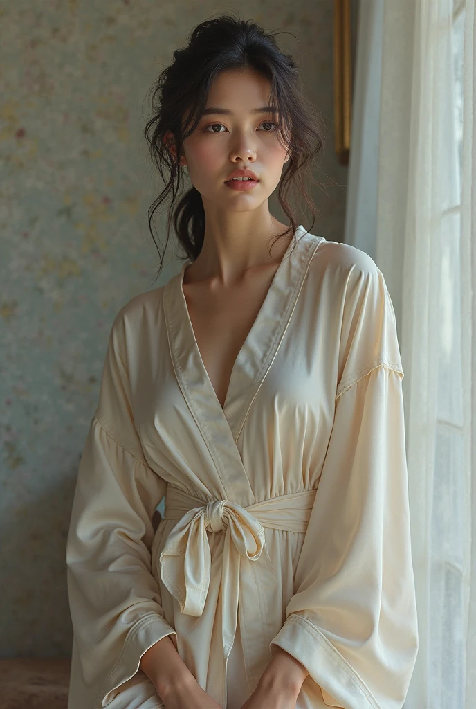 Create an Asian super beauty，Wearing a white high-necked lace silk satin bathrobe，Proud and voluptuous figure，Scratching the scalp with both hands，There is a lot of dandruff on the top of the head，The expression is hideous，Look in the mirror，The characters are realistic and realistic，Bathroom Background，9:16 frames，Ultra-high-definition picture quality
