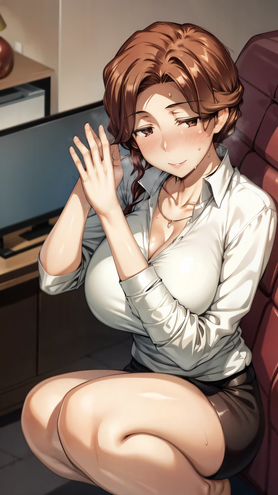 (super quality,super high resolution,16k,Super Masterpiece,Ultra HD ,detailed shading and background,)NSFW, Taken from directly below ,sexy mature woman,white shirt with the sleeve turned back,cleavage,necklace,Big Breasts,tight skirt,black panties,cover,maternal smile,sweaty hands and chest,thick lips,living room,squatting, legs spread wide ,put your hands behind your head,