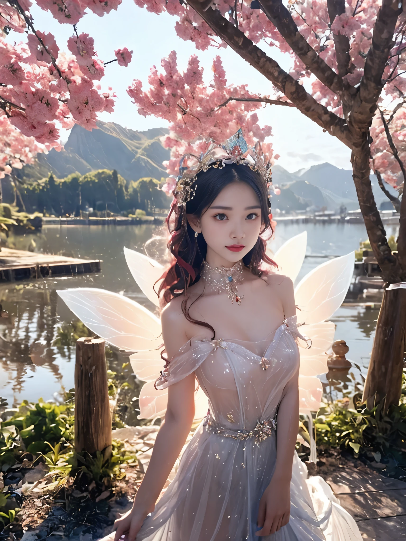 blue sky , white clouds and mountains in the distance、tower,Colorful flowers,Cherry tree,Hanfu woman,Phoenix Crown、fairy, butterfly_wings,gem,nude,plastic wrap,full body,wet,nipples, ruanyi0065, fine embroidery 、穿Hanfu裤袜、Hanfu、穿长袖Hanfu、transparent and clear、raw,(8k、cut、Excellent Performance:1.8)、(Detailsที่ซับซ้อน:1.8)、(Reality:1.8)、octane display、การเรนเดอร์ 3 มิติที่ซับซ้อนด้วยDetailsระดับสูงสุด, Studio Soft Light , side light , Detailsที่ชัดเจน, Detailsอย่างละเอียด, Realistic Touch Skin, Details, beautiful eyes,, CG Unity high definition wallpaper image 16k, cosmetics, (Detailsพื้นฐาน:2.0), Wash fingers ,Beautiful Fingers, Skin Radiation 、(japanese 19 tall 165 proportions 9:1 chest32 waist20 hip33 white skin blonde hair,6 large wings) (Wear a translucent light blue latex wedding dress),Gorgeous smile,earrings, hair clip,Metal Collar,thigh bands,Metal high-heels , seen from head to toe