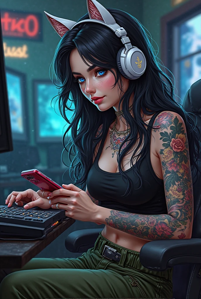Brazilian redheaded woman with tattoos on her hands, stomach and neck, playing Valorant on the computer