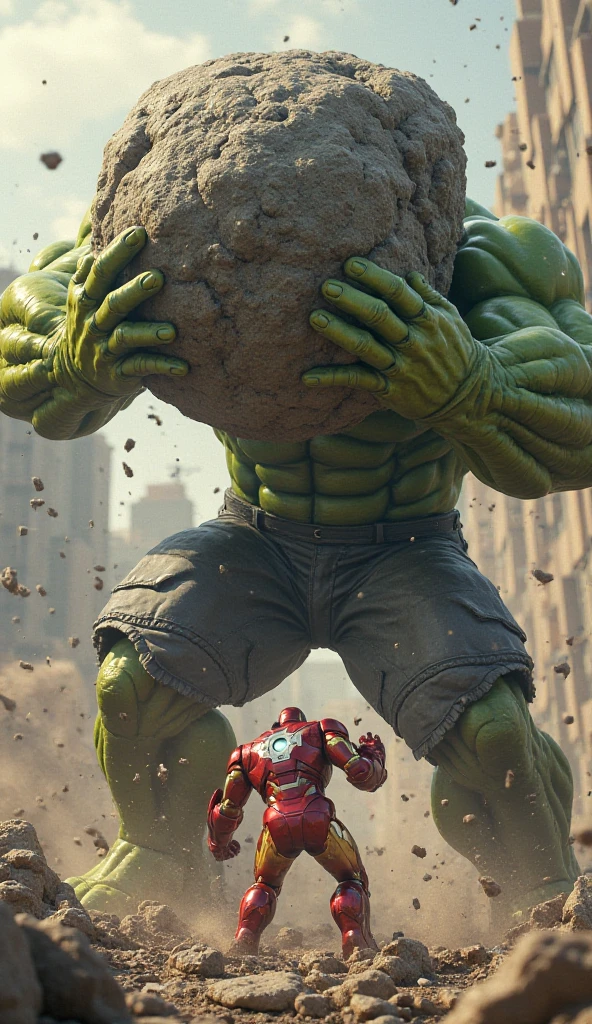 Hulk destroying orange rocket with number 70, with Thor crying on the floor lying down