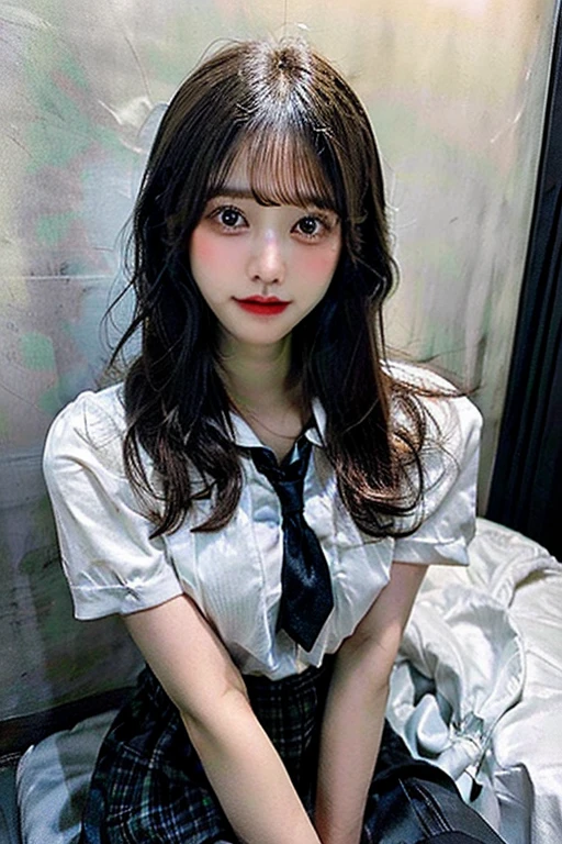 masterpiece、Flat Color、Depth of written boundary、Lens Flare 1 Girl、Brown Hair、Staring at the audience、suspenders、bulging big breasts、Black Skirt、Garter belt gaze、Small face、bangs over eyes、side、Mouse-colored eyes、holster、Belt cutter shirt
