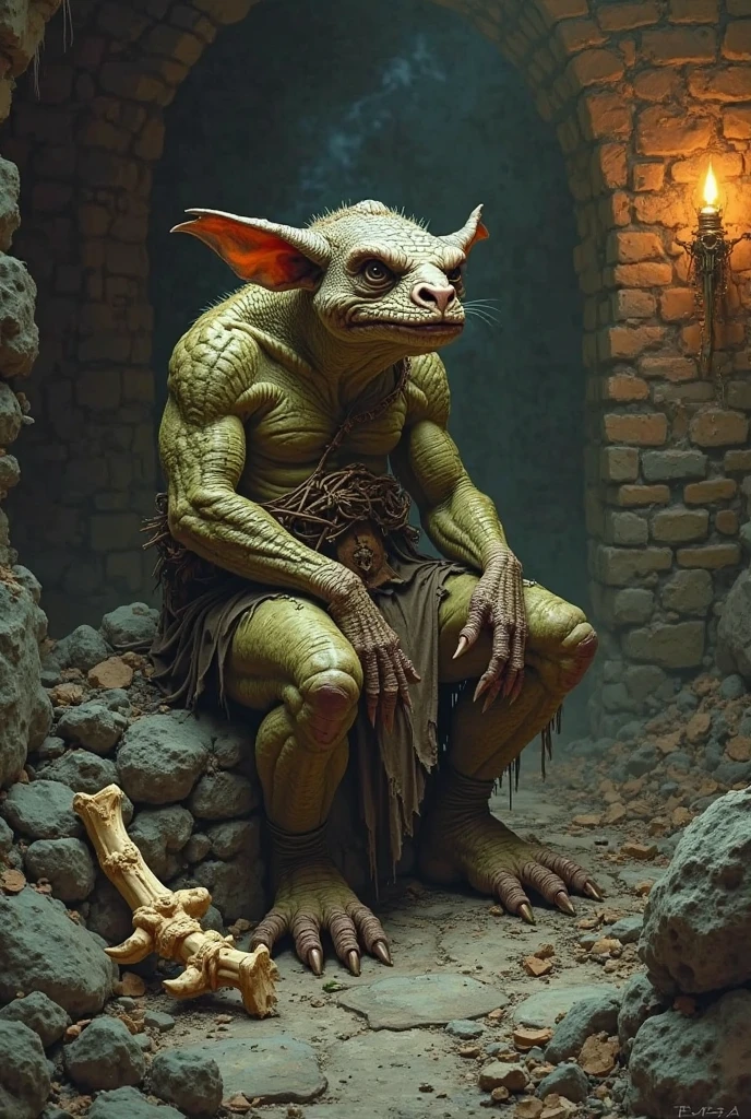 goblin,powerfull, prominent belly, bulged belly, swollen belly, muscular, tall, pointed ears, sitting