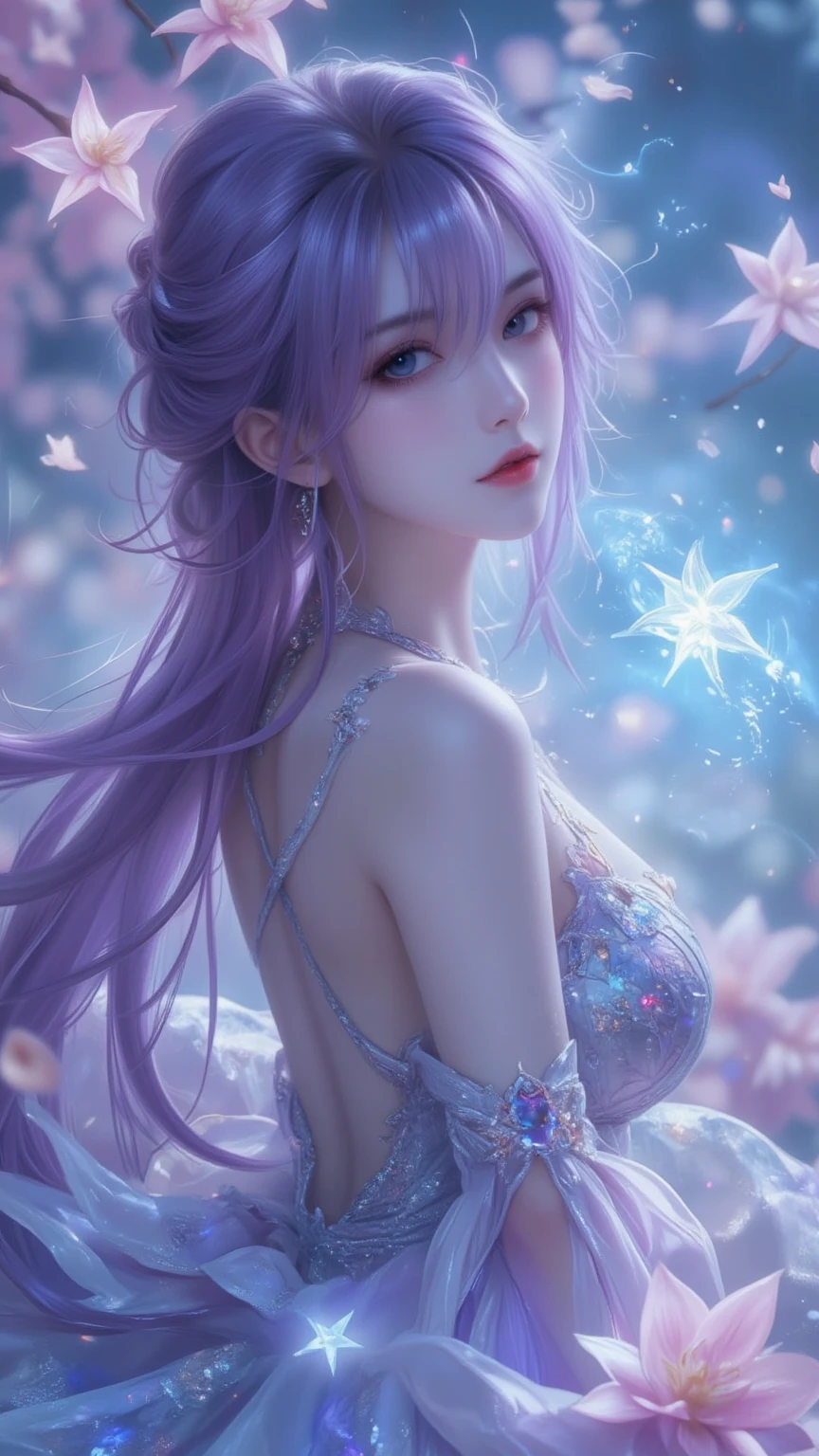 (original), (masterpiece) , (best quality) , (reality: 1.3) , photorealistic, Octane rendering, (surreal: 1.2) , perfect features, 1 girl, colorful, wet, ((translucent frilled nightgown)), (fairy wings), translucent skin, (colored inner hair), translucent hair, ((glowing inner hair)), colorful_hair ornament, the perfect appearance, her face flushed, ( her hands behind her head and out of her armpits1.4), ((caustic, seductive, sexy, charming)), the light red effect, Zero gravity, in space, crystals texture flowers, sparkle, lens flare, light leaks, Broken glass, beautiful detailed gemstone sky, (((colored inner hair, Starry sky adorns hair, (lots_of_big_((colorful))_Bubble), [pearl], [Galaxy], depth of field,colorful bubble, colorful water_drop,colorful spray))), extremely detailed wallpaper, highly detailed illustrations, (1 Girl), (best lighting) , (super-complex details) , 4K unified, (super-detailed CG: 1.2) , (8K: 1.2)
