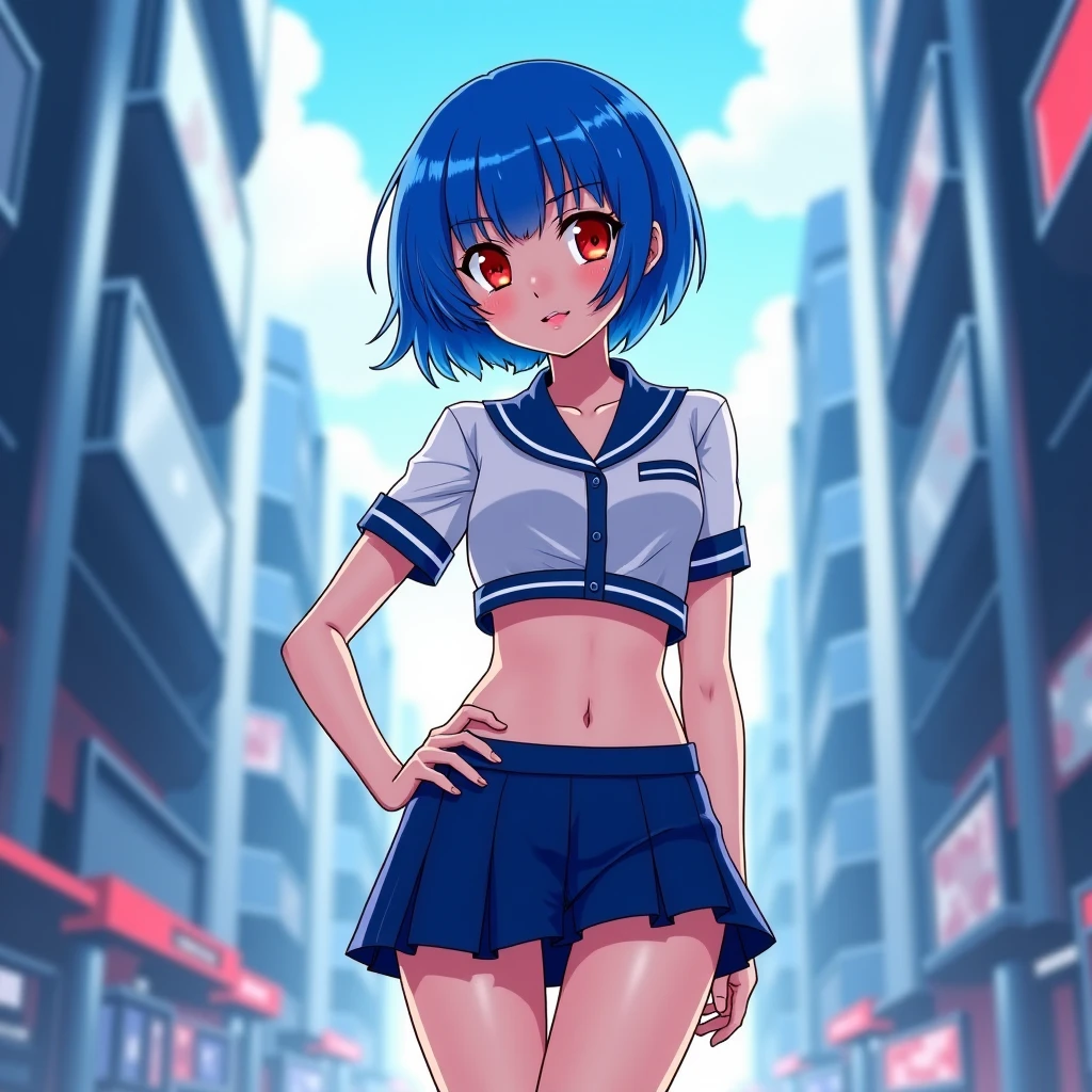 puntaje_9, puntaje_8_arriba, puntaje_7_arriba, fuente_animado, rika furiosa, pelo azul, ojos morados, Camisa blanca, arco Rosa, Tirantes, Falda negra
