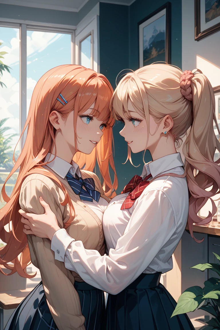 twogirls,Same stature,sailor uniformm,in class room,Hold each other's waist,The two bodies are close together,Kiss