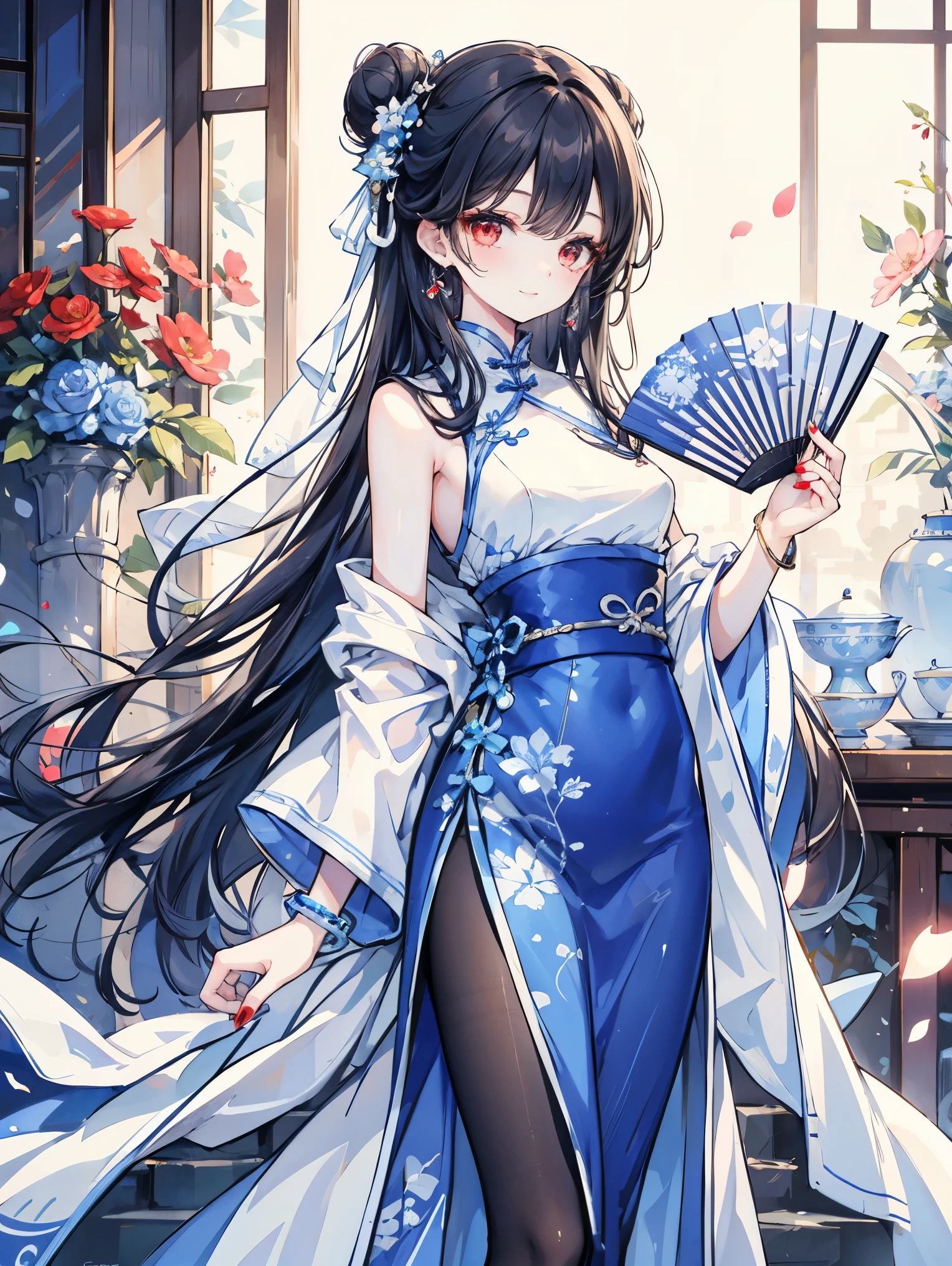 1 girl, (mature woman), [cool face, 30 years old, red eyes, flat chest, charming smile, blue and white porcelain Chinese clothing, blue and white Chinese clothing, blue and white Chinese cheongsam, blue and white floral print, standing, black hair, very long hair, long bangs, straight bangs, hair bun, jewelry, blue and white Chinese clothing, printed dress, sleeveless, shawl, hand fan, legs parted, protruding, looking at the audience, indoors, (teahouse), earrings, red nails, holding, bracelet, alone, hair accessories, pantyhose