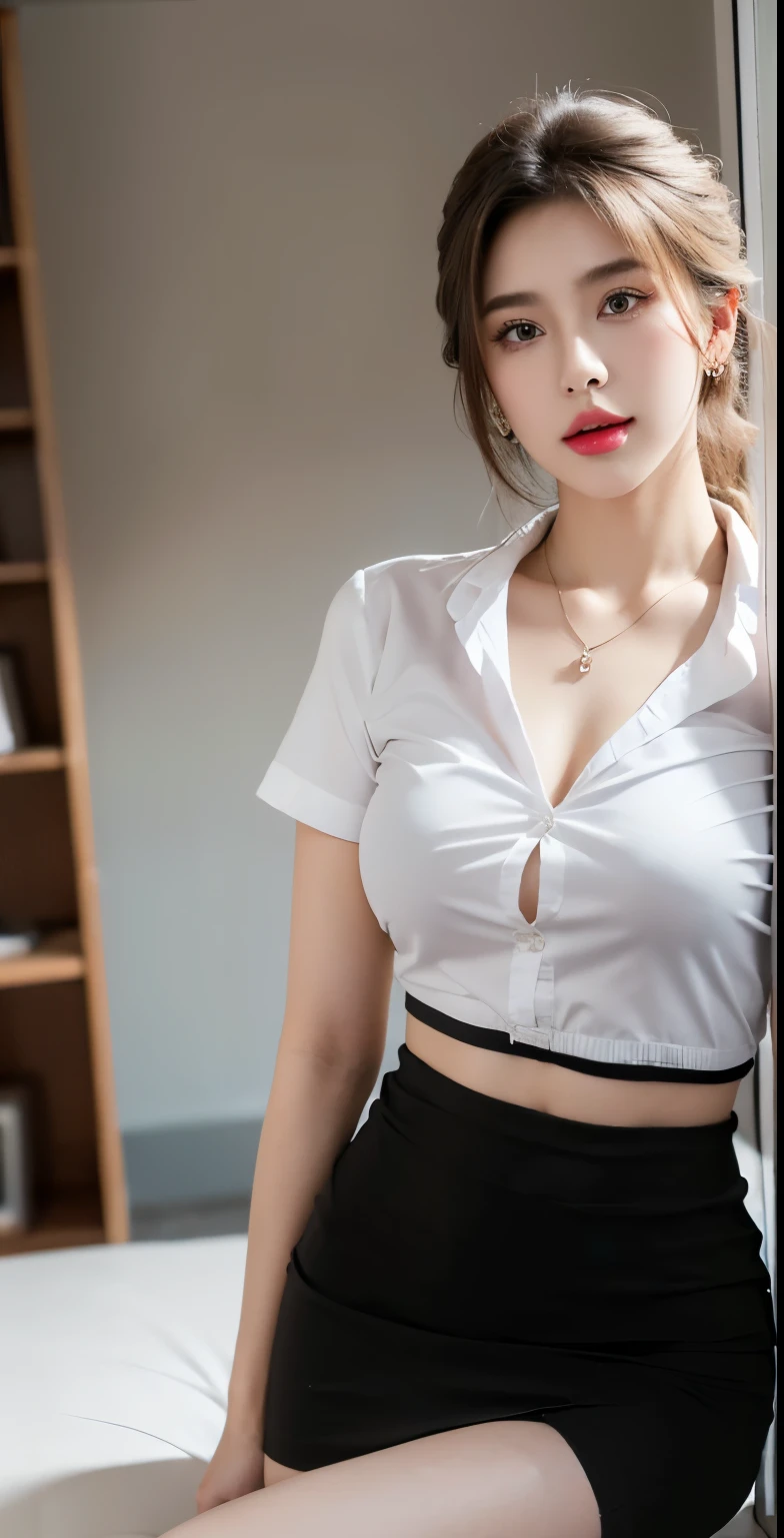 student,JK,Open white shirt,Expose内衣,Large Breasts,Mini-tight sheer skirt,Expose,White garter stockings