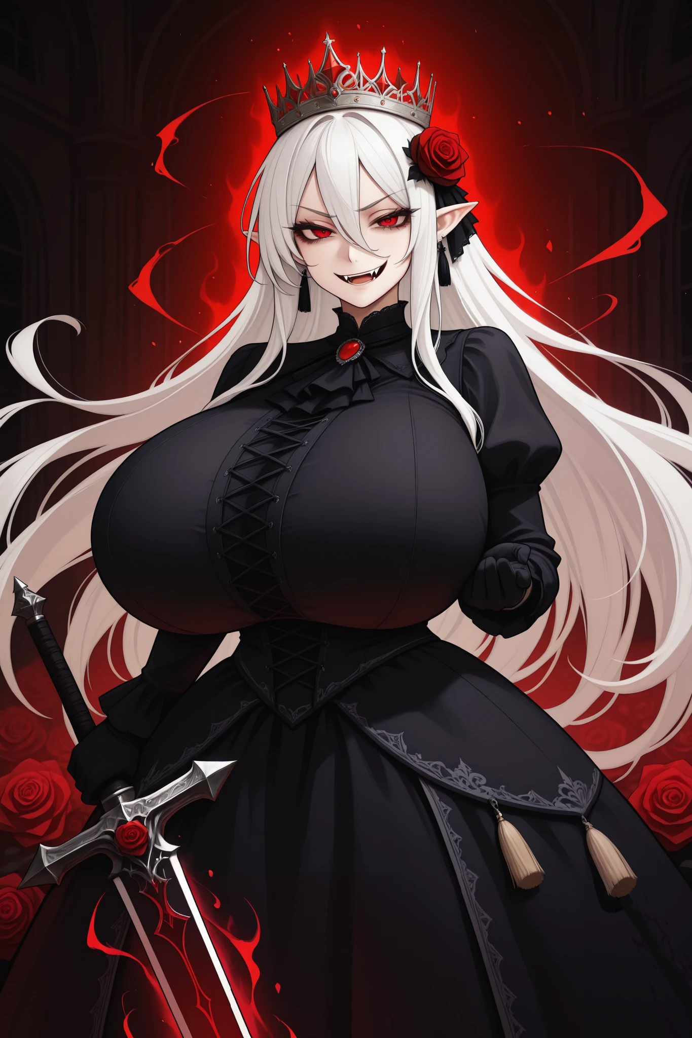 girl, (huge breasts size 160 cm), (narrow waist), Powerful woman, echidna re:zero, by white, big butt, beautiful face, fine features, Red eyes, SMILE, devil, evil, psychopath