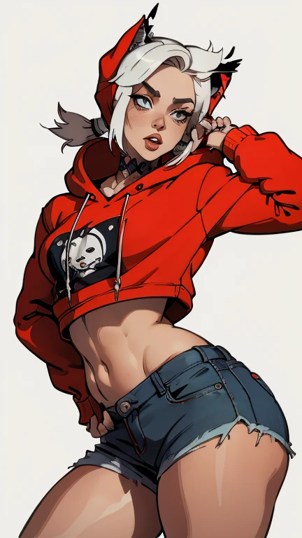 "breastsout, breastsout, Fingers, not furry, out, small waist, thick-thighs, dark blue thong panties with purple skull print, cropped sweatshirt with hood, high stockings up to the thighs,1 Girl, white hair, cabelo half cut, Eyes red, pale skin, thick lips, long eyelashes, half-closed eyes, adult, black eyeliner, black lips, red eyeshadow, ssmile, niplles, standing pose, pose with hands on waist,"