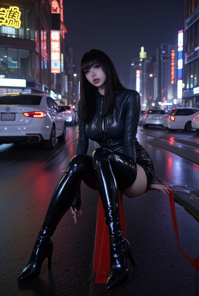 1girl, (Blue Eyes), (smiling), (Sana Minatozaki), (beautiful makeup :1.2), wide hips, Big tits, big ass, (thin waist: 1.2), (thick and toned thighs), (Best Quality, 8k, Masterpiece: 1.3), Clear Focus: 1.2, Perfect Body Beauty: 1.4, strong abs, Highly detailed face and skin texture, detailed eyes, double eyelids, red lips, (black long straight hair :1.3), short black dress with sequins, high heels, long stocking, in a street of tokyo at night, buildings illuminated by signs in the background