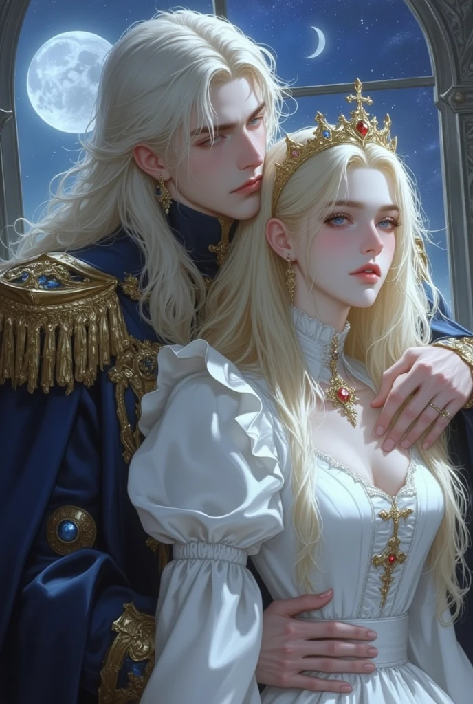 A tall, handsome, statuesque, courageous young man is a platinum blonde, dressed in an ancient military uniform, he has armor, long straight platinum hair, blue eyes, tanned skin, he hugs an incredibly beautiful young fatal blonde with blue eyes, dressed in a luxurious princess dress, she has long golden hair, long bangs, the tiara. They're in love. Masterpiece, beautiful face, beautiful facial features, perfect image, realistic photos, full-length image, 8k, detailed image, extremely detailed illustration, a real masterpiece of the highest quality, with careful drawing. glow. In full growth.