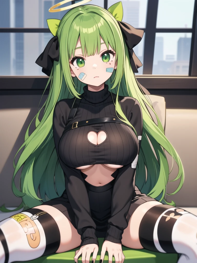 (Masterpiece), high resolution, (extremely detailed), photo realistic, 1 girl, (((bright long green hair, alluring green eyes, big eyes, cute eyes, cute face, small face, sharp face, (cute, cute, cute, cute, cute, cute, cute, cute, cute, extremely cute extremely cute, extremely cute), beautiful eyes, very young, big legs, thick legs, insanely small waist:1.3, huge boobs, bulging boobs, blushing))), ((smooth skin, soft skin, bouncy skin, bursting breasts:1.6))