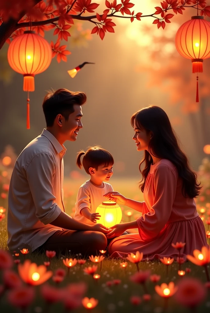 Asian husband and wife holding their little daughter high up in a sea of small red flowers