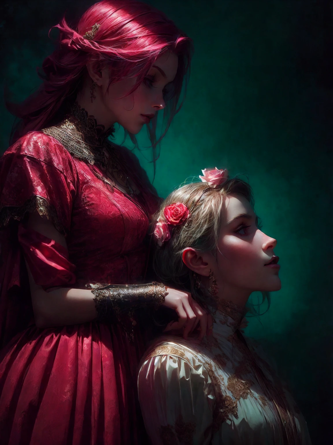 HighestQuali，tmasterpiece：1.2，Detailed details，4k realistic Roman mythology, Kizi, Halloween dress up，Steampunk Gothic Victorian style, deep colour, psychology, surrealism, Sublimation, subconscious, Emotions, enthusiasm, In pink、White and red details, rose flower background，Green smoke from hair, Blue smoke background, Soft red and blue light, portrait