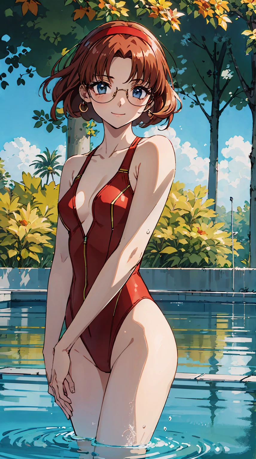 Highest quality、Best image quality、masterpiece、独奏, a girl、Beautiful Eyes、black hair, purple eyes、Short bob cut、(sideburns), middle part, (flat chest)、slender、Tight waist、Round Glasses、Beautiful Face、Natural smile、red cheek、((slingshot swimsuit)), At the school pool、sexy pose, bewitching pose, Model Pose, dynamic angle