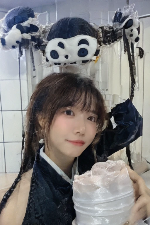 There is a woman holding a bottle of bubble machine in her hand, Krystal, High Quality Shot, Sand Creek, Loppy Girl Aesthetics, Lo Fei Girl, Bubble Landscape, Bubble, 8K)), in the park, soap bubble mind, 🤬 🤮 💕 🎀 shooting