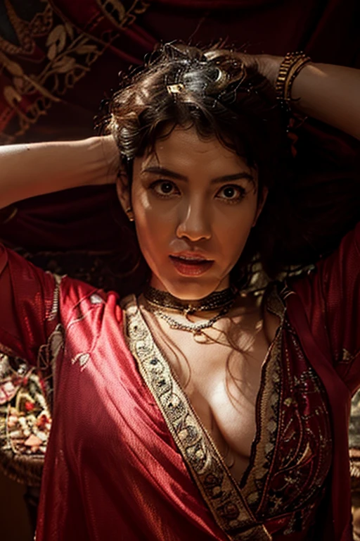 Realistic, photorealistic, high contrast, (Aztec Native Scarlet Witch: 1.1), 4k high definition, intricately detailed, textured skin depicting traditional Aztec tattoos, vibrant red colors, long curly hair adorned with feathers, wearing a traditional Aztec tunic and skirt, holding a staff or wand, (best quality, masterpiece: 1.2), using natural lighting to bring out the depth and texture of the scene.