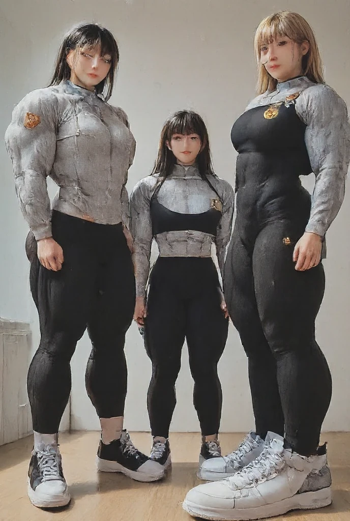 One is very beautiful，The body is strong and muscular is extremely developed，The beautiful muscular girl of androgynous hermaphrodites，silber hair，The chest and buttocks are abnormally large and hypertrophied（boobgasm：230cm，Hips 124cm），Extra-tall platform heeled booties，The leg muscles are super developed（Height 7 feet，A 155cm Shota stands on the ground as a height comparison）