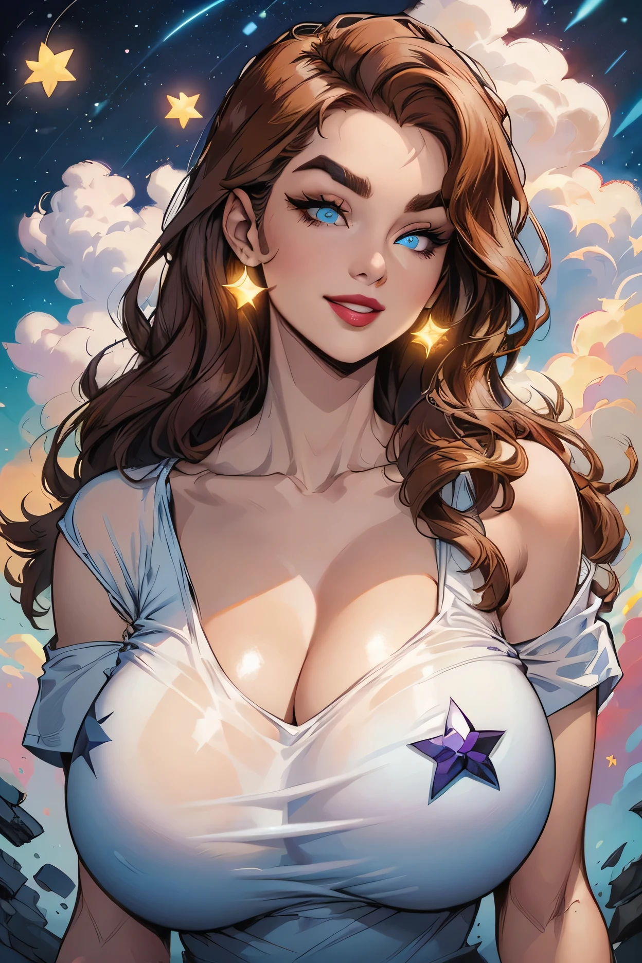 ((stars light, cloud sky)), perfect face, feminine, ((long hair, lightest brown hair)), brown eyebrows, (thin eyebrows), ((glowing blue eyes)), black eyeliners, purple eyeshadows, nose, dark red lips, big smile, beautiful face, collarbone, cleavage, huge breasts, (one shoulder t-shirt), white t-shirt, looking at viewer,