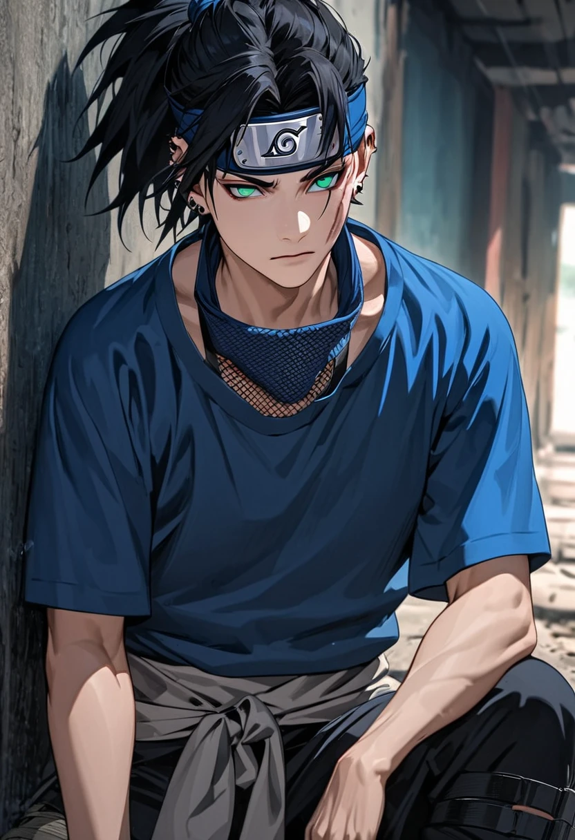 Ultra detailed, Highres, absurdres, HDR, fair-skinned man with black hair that had a blue tint to it and was tied in a ponytail. His bangs parted down the center of his face to frame both sides of i scar over his right eye. he wears a short-sleeved blue jacket with red-edged sleeves,under which is a black-lined mesh T-shirt, tied at the waist with a dark blue sash and black pants a shuriken holster on his left knee, black boots, and a black forehead protector around his neck, wearing piercings, has light green eyes, Naruto Shippuden, beautiful, handsome man only, very detailed face and eyes. Solo, leaning against wall.