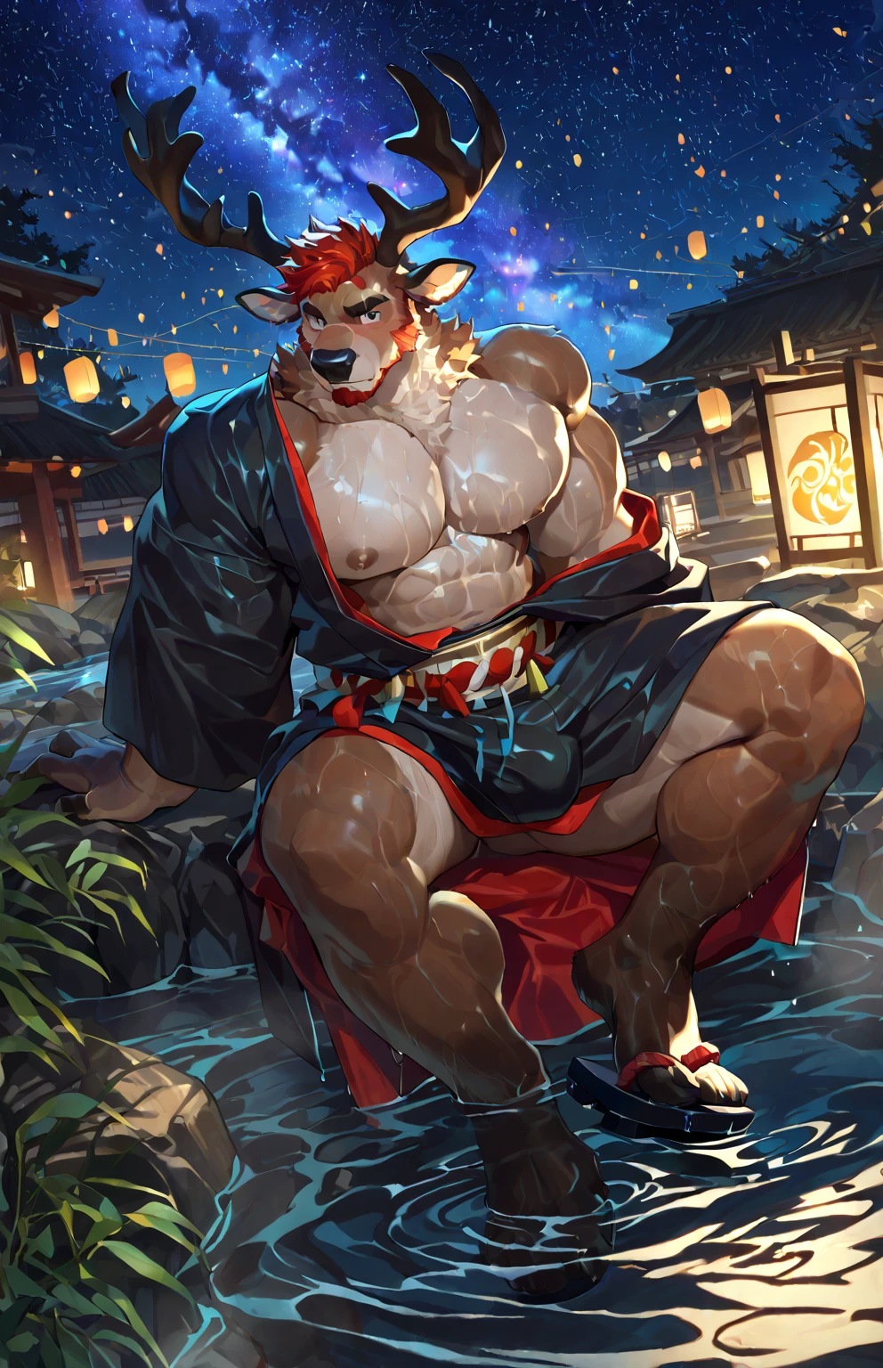 street colorful energetic lights effects, kawaii moe anime 8K, undercut, red hair, scream, creamy babyface with brown eyes super buff pale muscular ninja possession by Venom, red jacket on creamy pale muscular body, manly kawaii moe anime babyface, majestically tenting the huge elected wood straddling huge shaft of manhood, the beefcake male, meaty thigh, round huge buttocks, trending on pixiv, kawaii moe anime