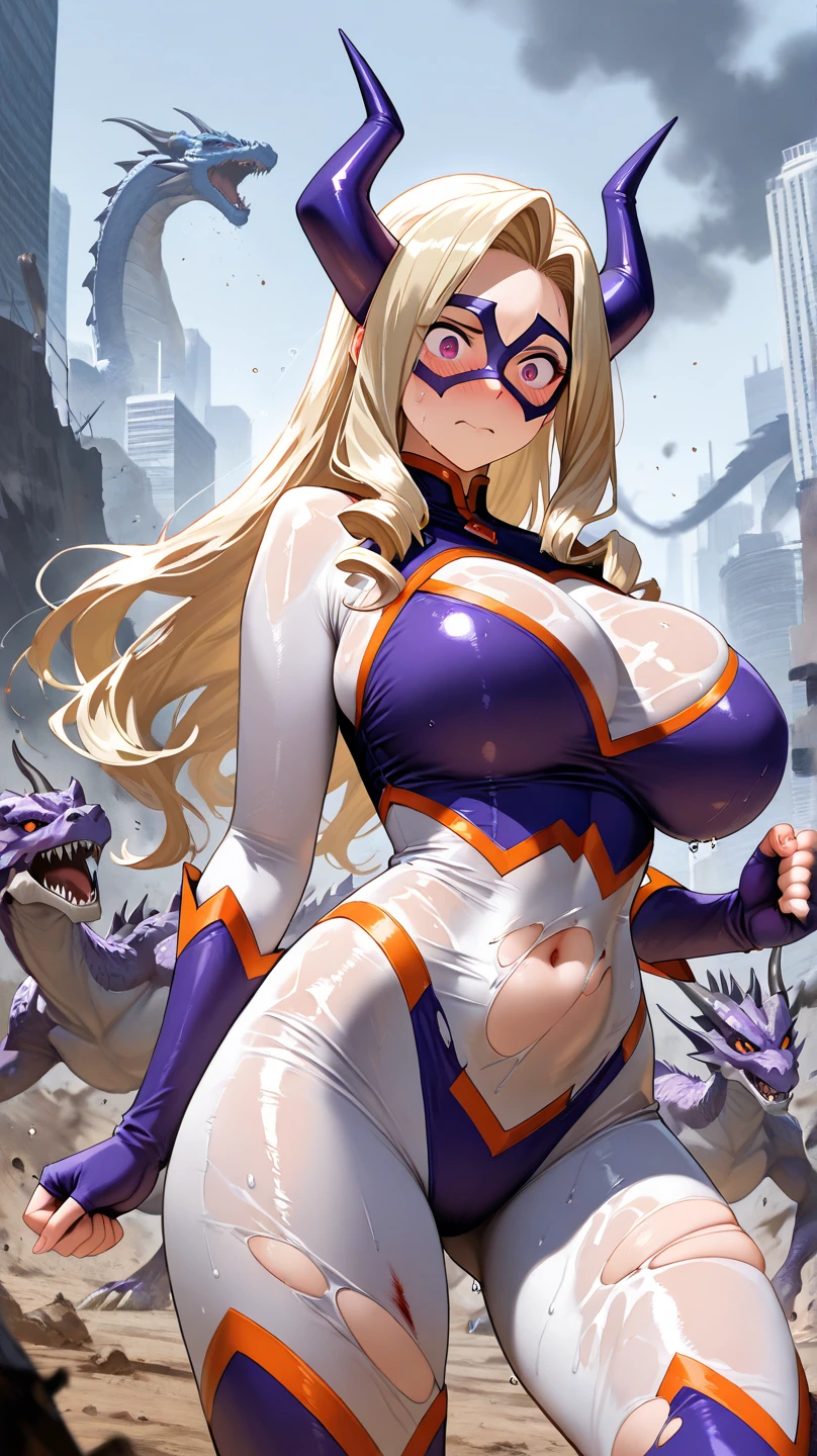 anime artwork, score_9, score_8_up, score_7_up, score_6_up, score_5_up, score_4_up, Mount Lady, blonde hair, purple eyes, big breasts, she is 24 years old, style_3, , highleg bikini, V, black background, solo, someone hands grabbing her breasts from behind