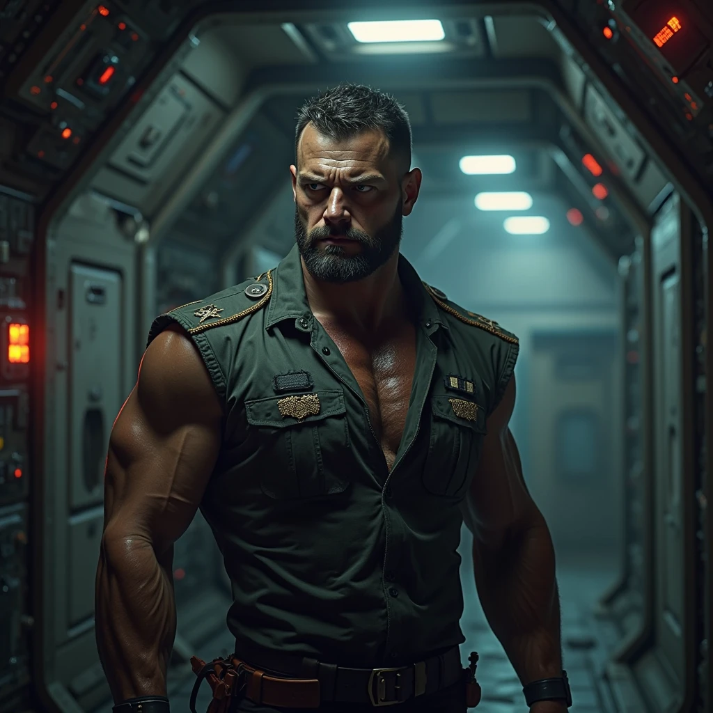 ultra realistic, unreal engine 5, james vega, dark skin, muscular, pectoral, abs, tattoo, buzz cut, beard, military uniform, camouflage pants, belt, gun holster, frown, looking at viewer, right hand, salute, left hand side with body, standing at attention, spacecraft,