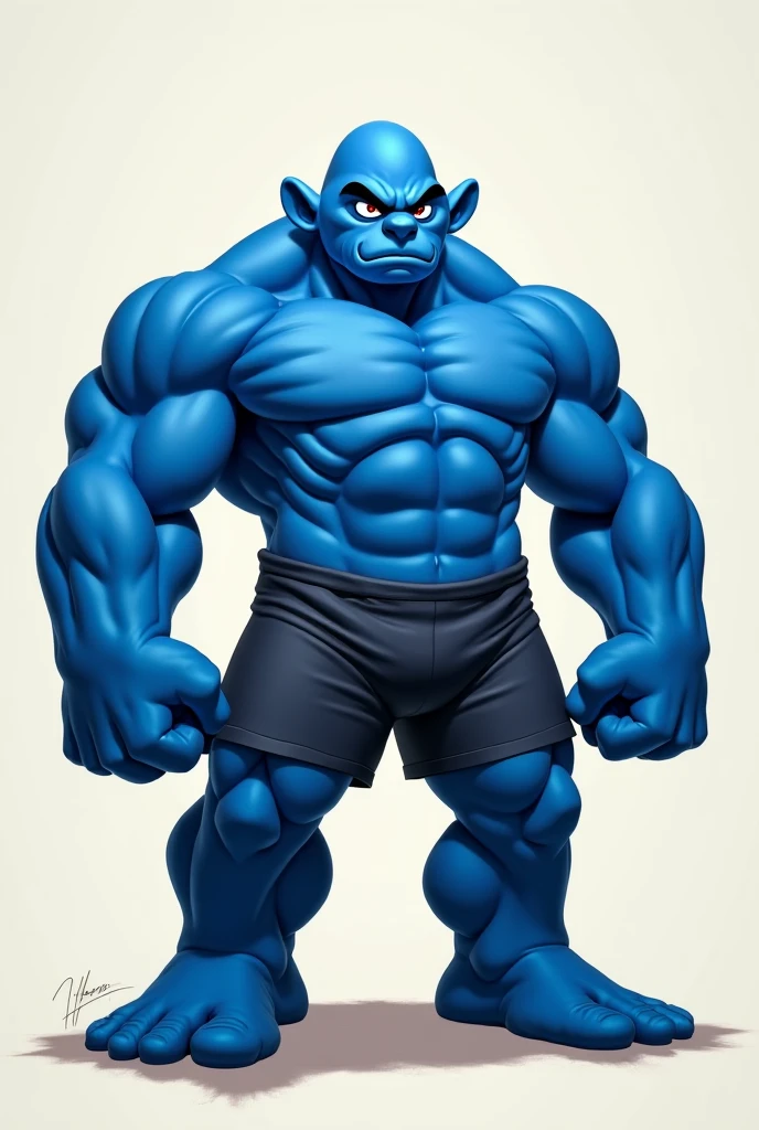 create a muscled guy with a gym body dressed as a smurf WITH WHITE SKIN COLOR
