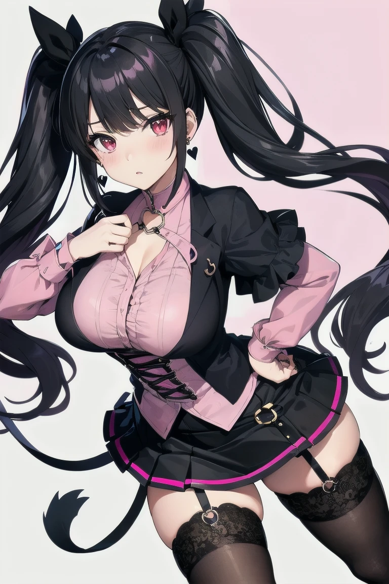 In 8K、highest quality、room with window、with a girl、Dark purple hair、twin tails、big pink ribbon、delicate face、smile、red eyes、blushing face、Black and white blouse with lots of frills、plaid red skirt、Skirt flips up、beautiful feet、striped lace tights、black platform pumps、seductive thighs、big breasts:1.8、big ass:5.5、big breasts、cleavage、 thin waist、beautiful waist、shiny skin、Perspective from above、black panties with holes、