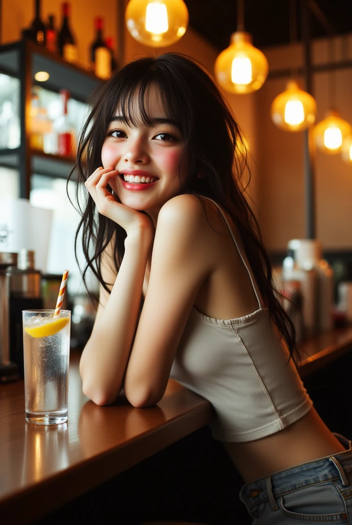 Very cute 20 year old Japanese woman, corners of mouth turned up, gentle smile, muffin top, detailed face, detailed body with nice curves, drinking wine in the living room. Late night, movie photography, Leica 50 mm prime lens, Cine Steel 800T film, art color photography