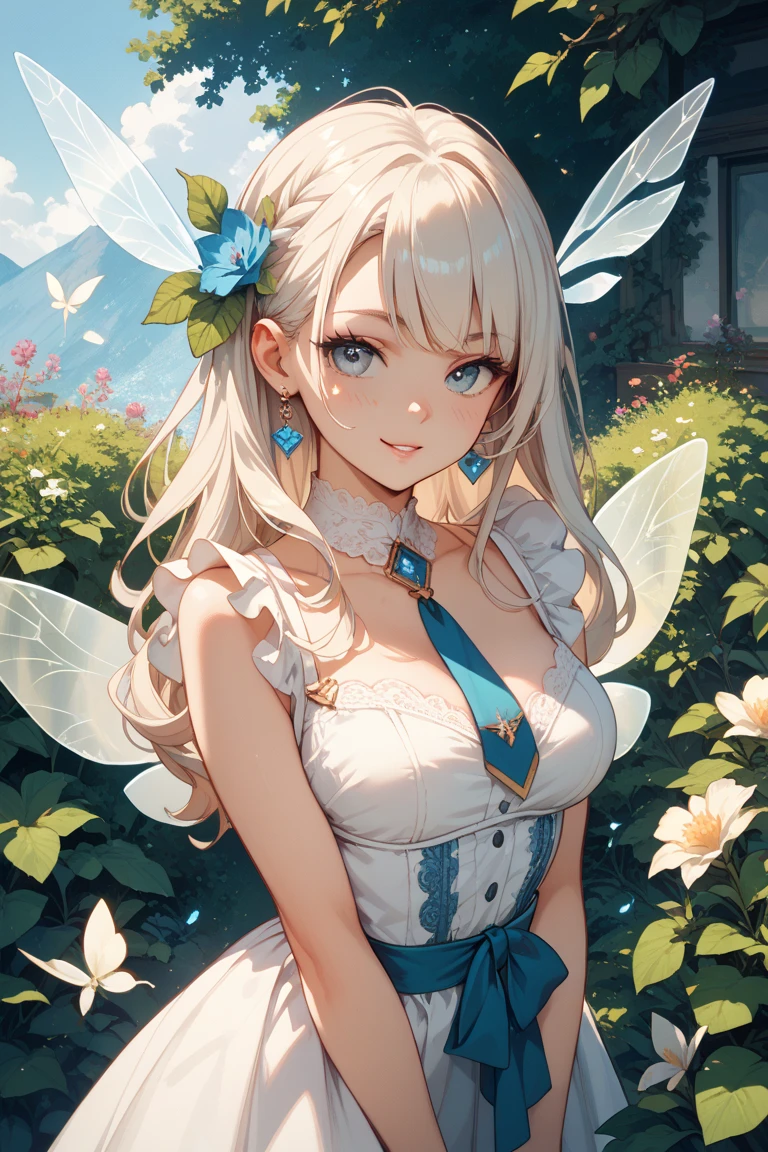 (8K、RAW photo、highest quality、masterpiece:1.2)、detailed background、beautiful and detailed face、beautiful and smooth skin、skin texture、professional lighting、Multiple little fairies、Fairy wearing a cute flower costume、Cute Ponytail,(big breasts:1.2)、emphasize the chest、sweet pea、A flower that blooms in spring, characterized by its pretty appearance and sweet scent..。