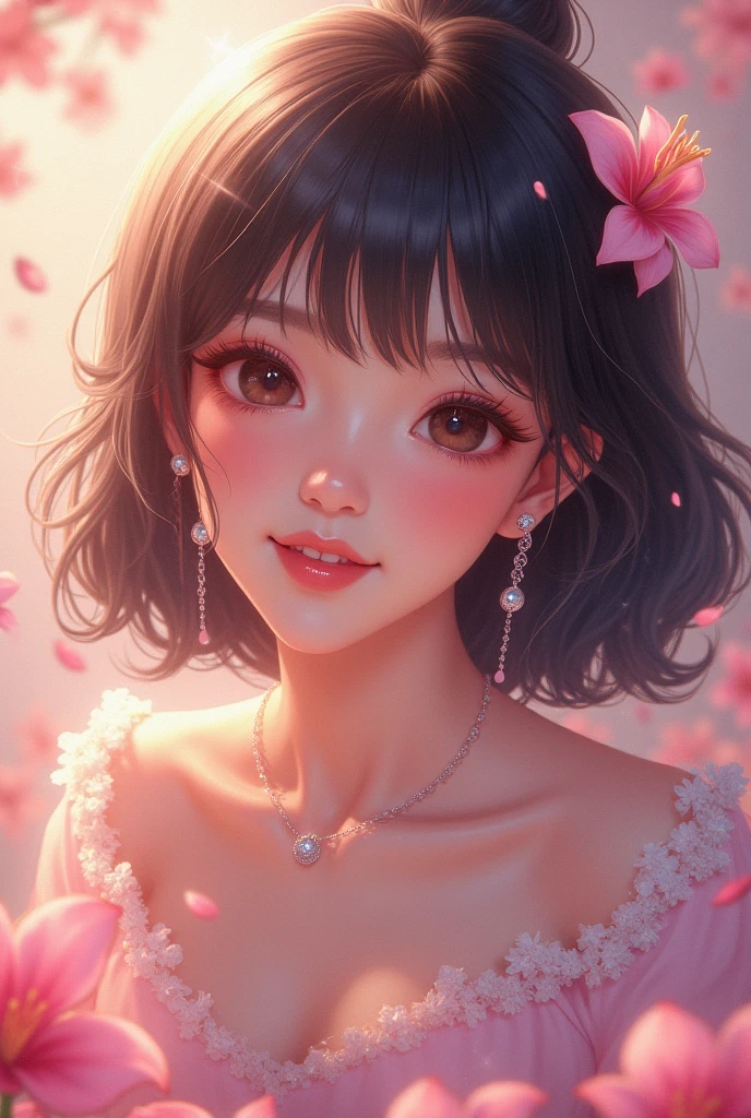 tsuruta ichiro, Narrow-eyed, 1girl in, Allback、deadpan、short-hair、shorth hair、brow、Reluctance、A dark-haired、Tucked Hair Solo, Cowgirl, Onepiece, ((mideum breasts)), Thin slit eyes、Black eyes, Light shines on the eyes、Black hair, gloves, Dress, Luxurious Jewelry, earrings, sharp eye、 elbow groves,Raise your hands and tie your hair back, random color, random color dress, Makeup for long eyes, Slender eyes、lip stick, Complex petal pattern, Rim Light, Back Light, pastel color,Studio Lighting