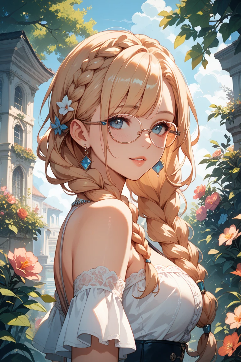 ((best quality)), ((masterpiece)), (detailed), perfect face, 1girl, dirty blonde hair, very long braid, dress, brown eyes, glasses, meadow, looking back at viewer