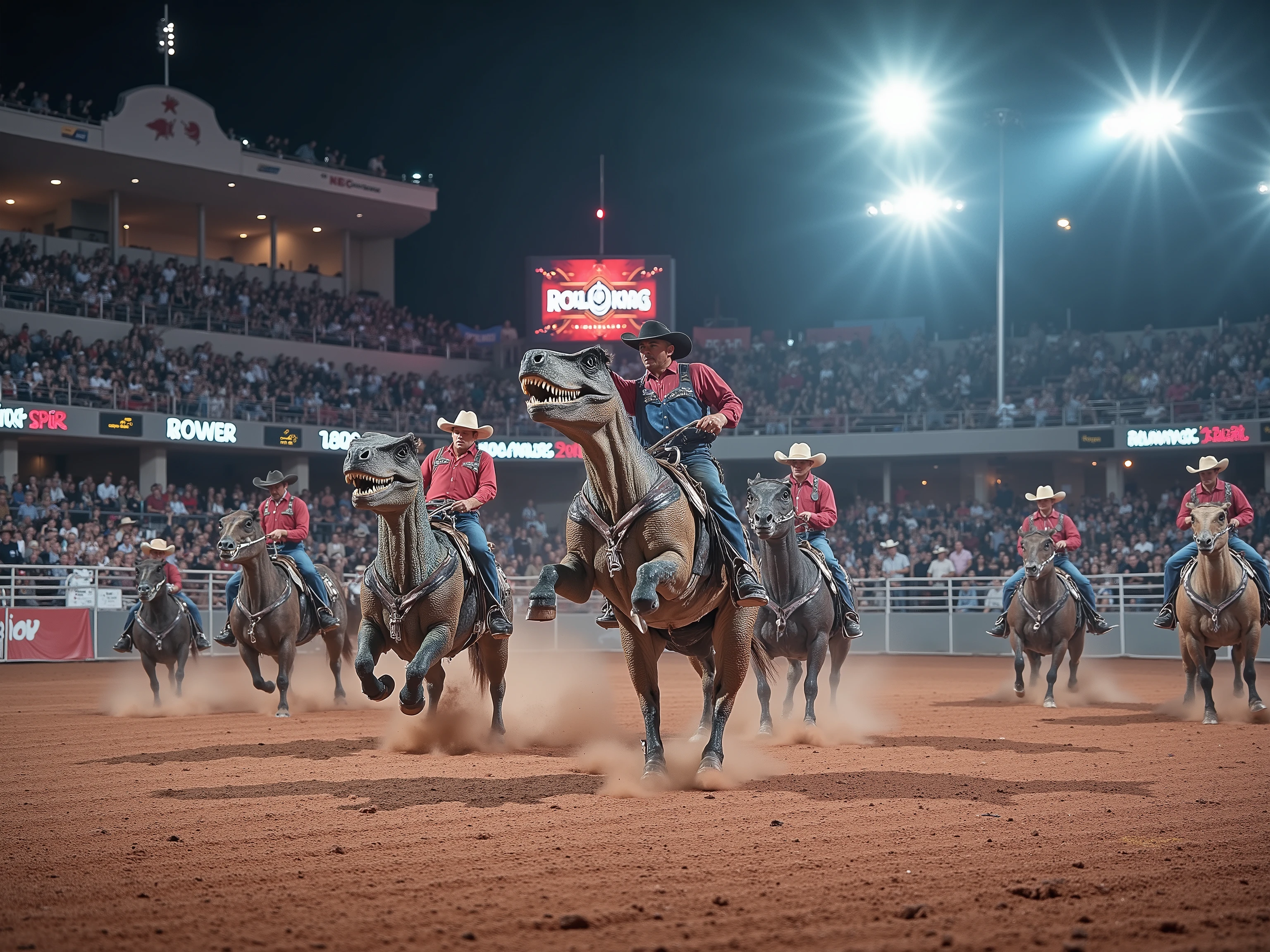 A wildly imaginative, photorealistic image of a rodeo arena packed with cheering spectators under bright stadium lights—but instead of bulls, the cowboys are riding snarling, muscular velociraptors.

Each cowboy grips tightly to the reins as the raptors buck, twist, and snap, their sharp claws kicking up dust from the arena floor. The dinosaurs’ scales glisten under the lights, mouths open in mid-roar, eyes wild and intelligent.

The cowboys wear traditional rodeo gear—hats, vests, boots, and chaps—but their expressions show a mix of thrill and terror as they try to stay mounted for the full eight seconds.

In the background, digital scoreboards and rodeo clowns keep the surreal event grounded in reality. The scene is a chaotic fusion of Western tradition and prehistoric ferocity, blending realism with imaginative spectacle.
