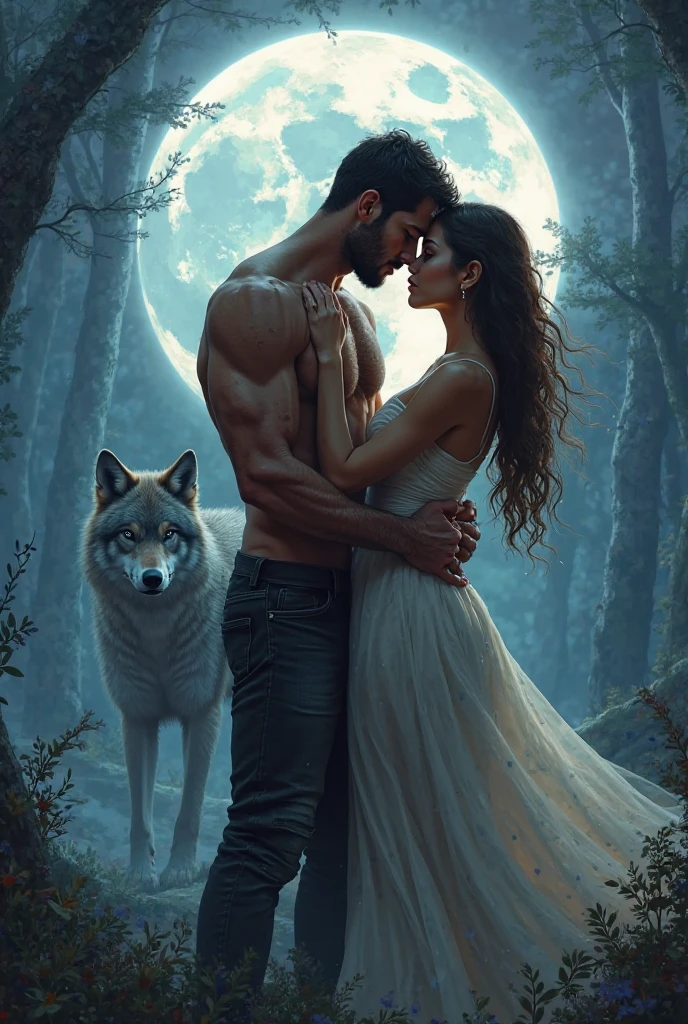 Generate a realistic image of a alpha male and female under a blue moon and a wolf howling