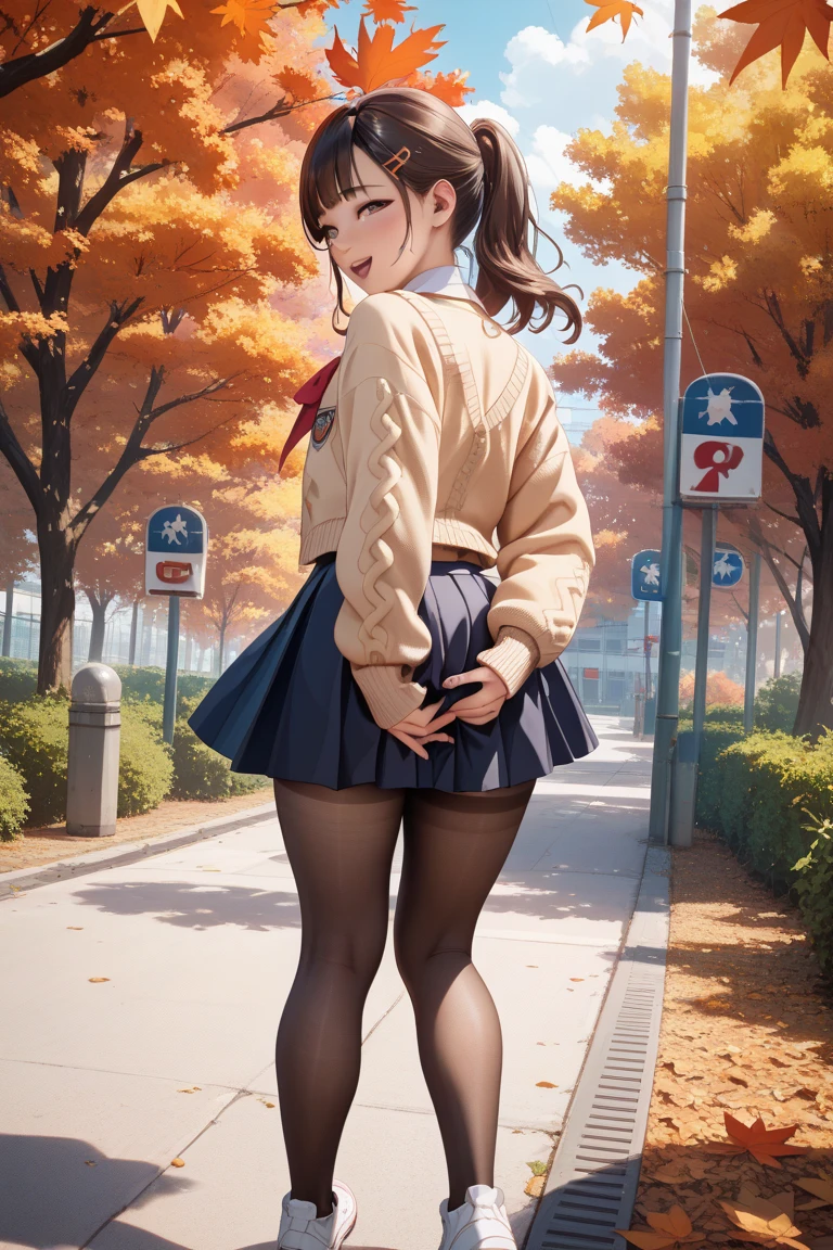 (masterpiece:1.4), (best quality), (detailed), (8k), inzaniak, (solo, 1girl, looking at viewer, looking back), (park, trees, blue sky), boss, (black eyes:1.2), flustered, full-face blush, small breasts, (wide hips, thick thighs, huge ass:1.3), upskirt, (dark skin:0.8), brown hair, long hair, sidelocks, hair down, blue sweater, long sleeves, ribbed sweater, pink skirt, pleated skirt, black panties,