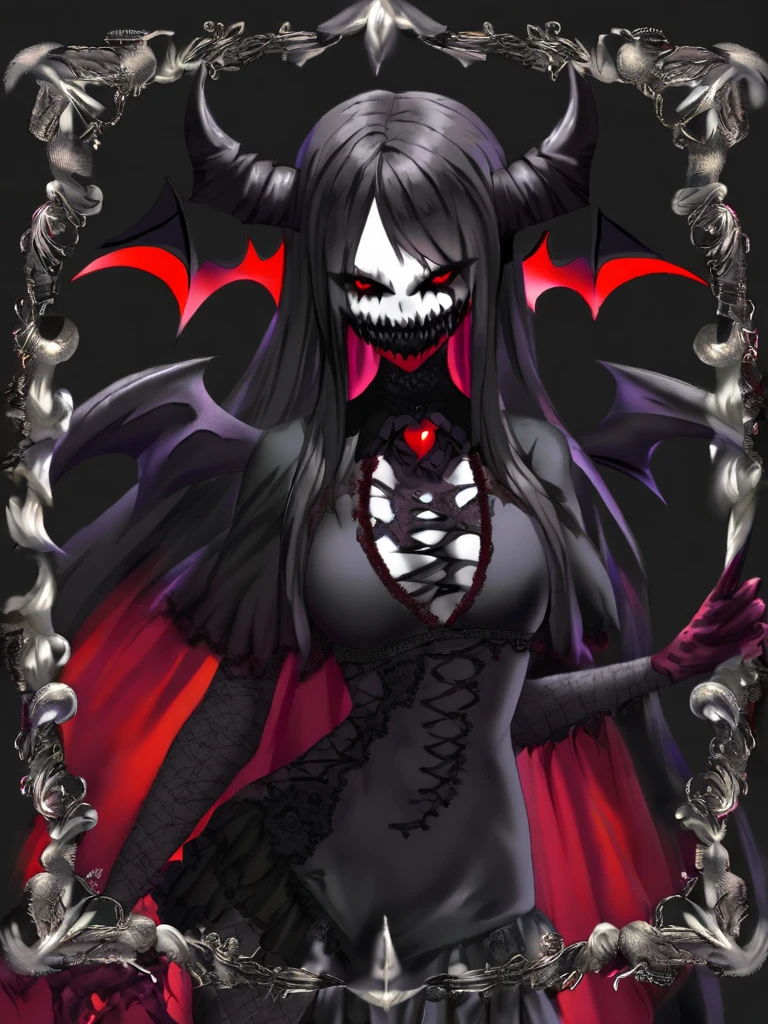 beautiful demon woman with long black hair, sharp teeth, furious, battle, glowing red eyes, bat wings on back, ram horns, angry, fight, fireball, hazbin hotel