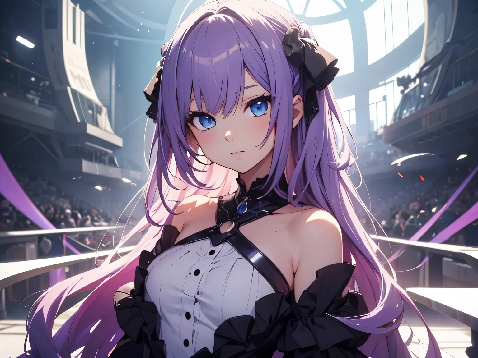 masutepiece, Best Quality, absurderes, Looking at Viewer, Solo, Ketin (Extravagant splendor) (GenshinImpact), official alternate costume, 1girl in, Ketin (GenshinImpact),Solo, Purple hair, Dress, Long hair, Hair bun, Twin-tailed, breasts, Bare shoulders, Purple eyes, Strapless, Black Dress, Bangs, Purple nails, straplessdress, cone hair bun, nail polish, bow ribbon, Parted lips, diamond-shaped pupils, symbol-shaped pupils, the presence of discreet cleavage on the chest, Bow, Hair Ribbon, Diamond (shape), Detached collar, Hair Ornament, modest udder,Delicate and beautiful five-fingered, Seductive smile, Perfect body, High Detail Back Gown, Fantasy Live House, Mechanical Earl, LED lamps, Gala dinner, Attend a party, very elegant, Gorgeous, ornamented, near future, many stars,Bright constellations, Milky way, Meteor, Dynamic Angle, Near and far law,