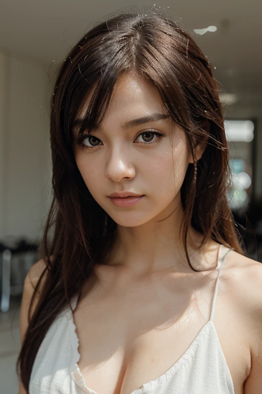 mixed Japanese-Russian beautiful woman stands from the side in a empty univ hall. she looks forward, arms squeezing chest. She is 20. She got a perfect face, freckles, and beautiful eyes. Curly and Soaked long hair. She is naked, deep cleavage. She is thin, her legs are long, and her big chest stretches the fabric. Tomboy vibe. backpack