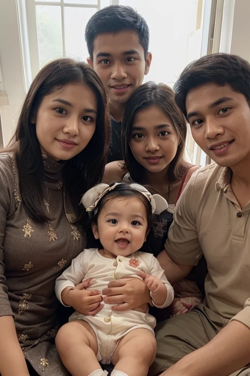 studio photo of a family of 2 children and husband and wife wearing batik clothes