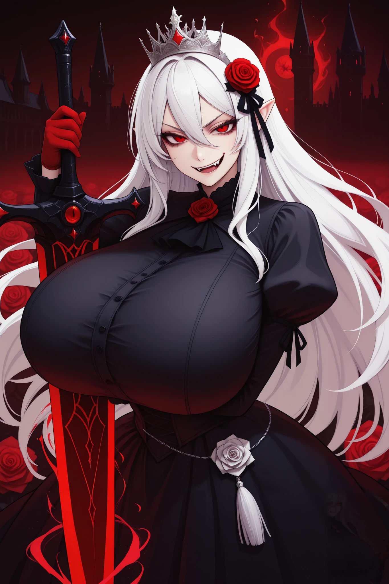 (high quality, 8k, 4K, high contrast, artwork:1.2, high quality, best aesthetics), (dynamic angle), ((1 woman)), erotic, sensual, mature body, super detailed, beautiful face detailed, detailed beautiful mouth, sexy body, perfect breats, perfect wide thighs, (long, wavy white hair), (black hero/villain mask covering the eyes), (black village mask with completely red eyes, cat ears and exposed mouth), (black bodysuit with cleavage on the breasts with white gloves and white fur details around the neckline and gloves), (sensual facial expression), (standing), (centered), (looking at the viewer)